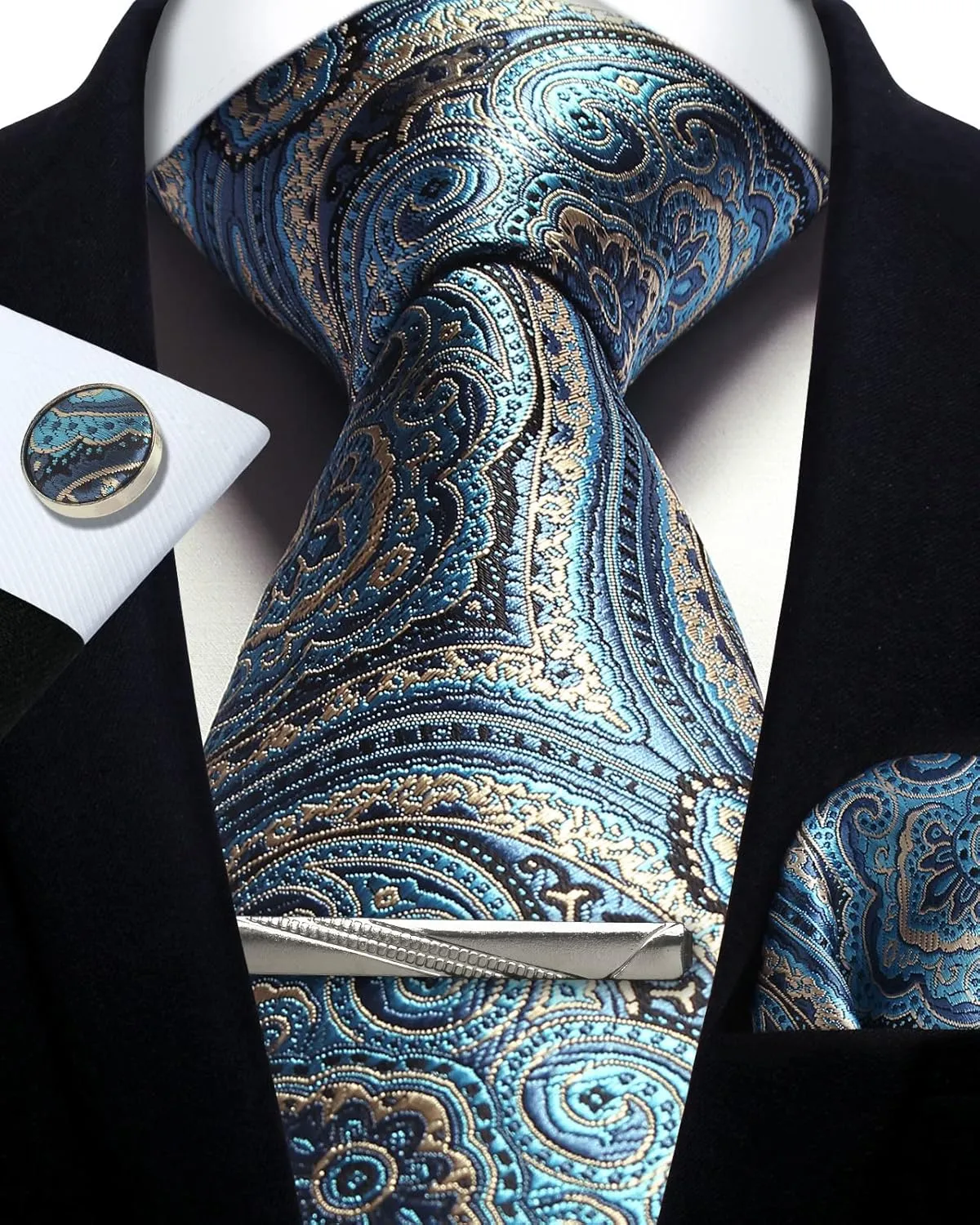 Paisley Floral Mens Tie Formal Necktie Pocket Squares Ties Clips Cufflinks Classic for Men Set