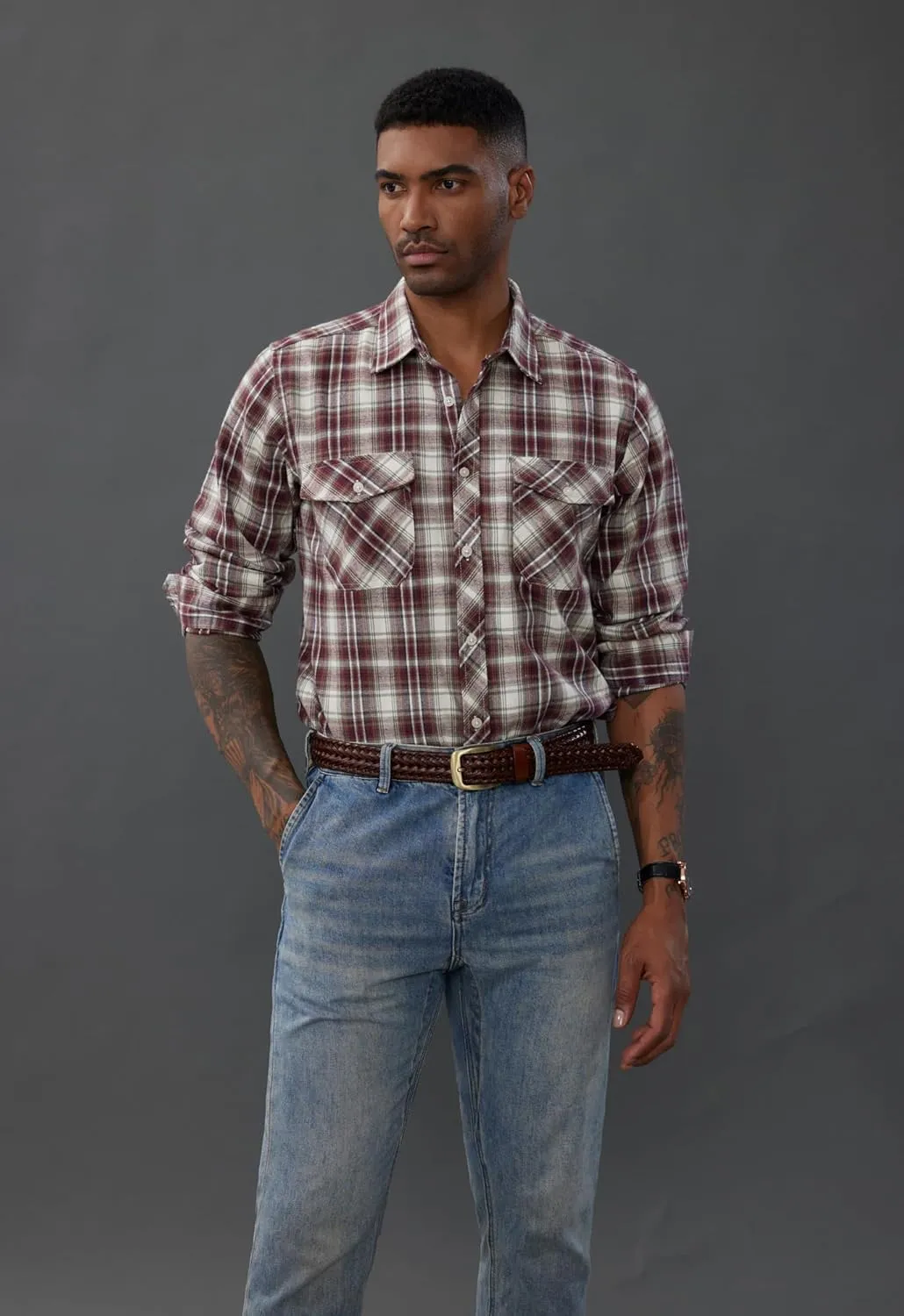 PJ PAUL JONES Mens Flannel Plaid Shirt Casual Long Sleeve Button Down Shirts with Pockets
