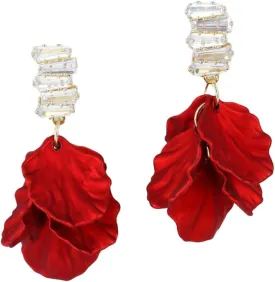 Red Flower Earrings for Women Rhinestone Flower Petal Drop Dangle Earrings Trendy Statement Jewelry
