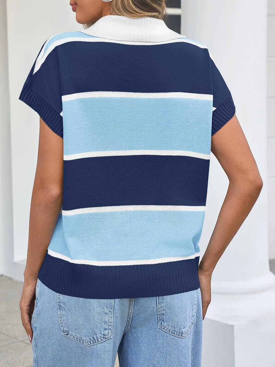 Saodimallsu Womens Striped Short Sleeve Sweater V Neck Button Down Color Block Loose Knit Pullover Tops