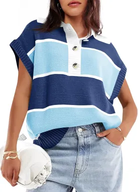 Saodimallsu Womens Striped Short Sleeve Sweater V Neck Button Down Color Block Loose Knit Pullover Tops