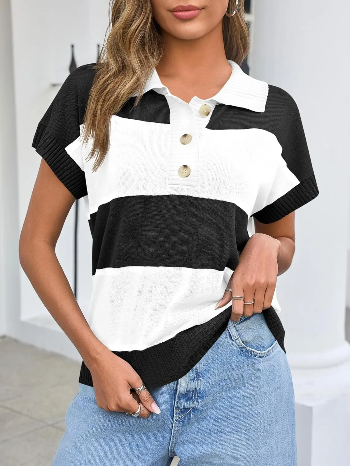 Saodimallsu Womens Striped Short Sleeve Sweater V Neck Button Down Color Block Loose Knit Pullover Tops