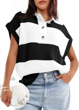 Saodimallsu Womens Striped Short Sleeve Sweater V Neck Button Down Color Block Loose Knit Pullover Tops