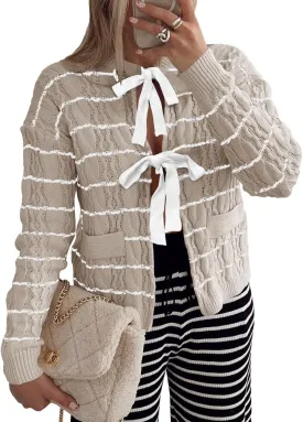 Saodimallsu Womens Striped Tie Front Cardigan Sweaters Crew Neck Long Sleeve Cable Knit Bow Knot Trendy Sweater Tops