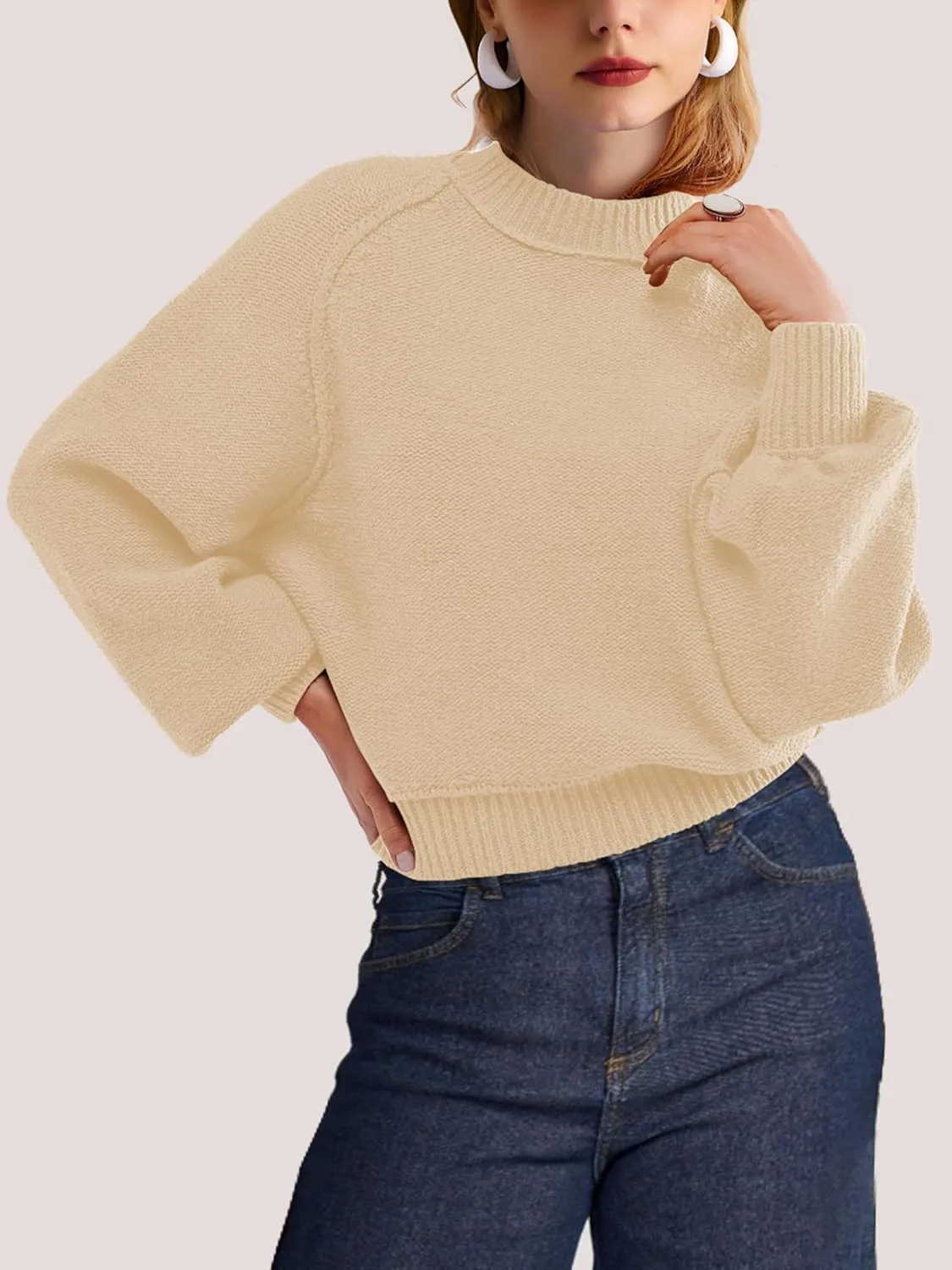 SuperPrity Sweaters for Women Fall 2024 Mock Neck Long Sleeve Knit Oversized Cropped Pullover Sweaters Top Trendy Outfits