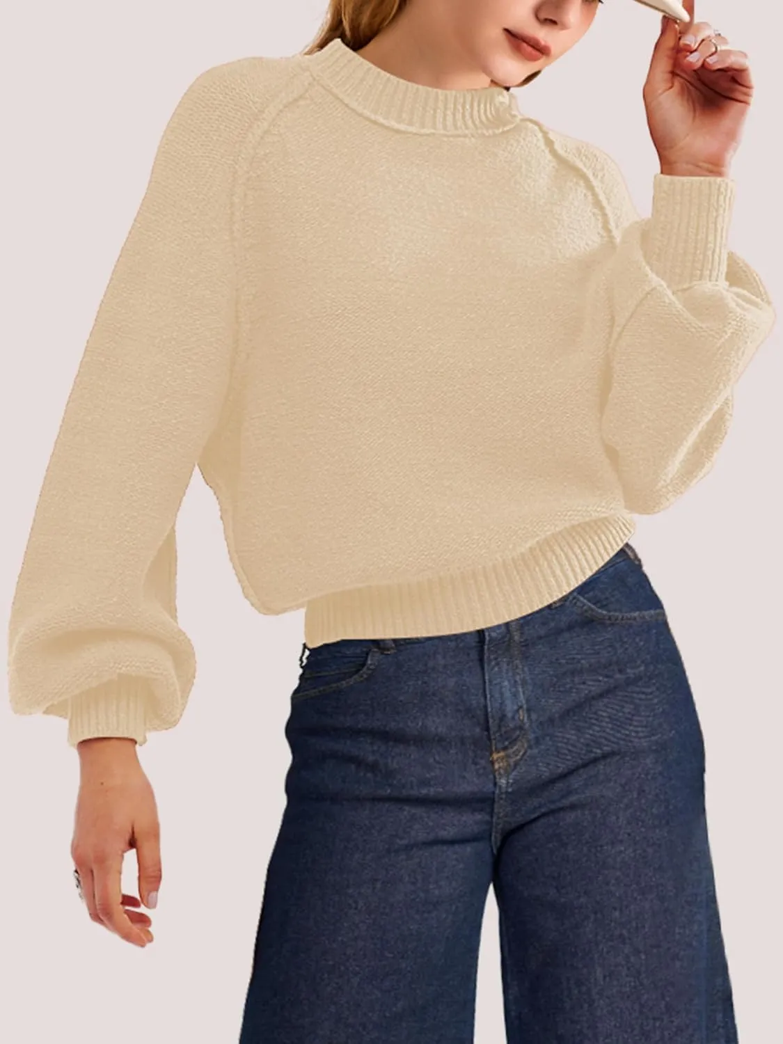 SuperPrity Sweaters for Women Fall 2024 Mock Neck Long Sleeve Knit Oversized Cropped Pullover Sweaters Top Trendy Outfits