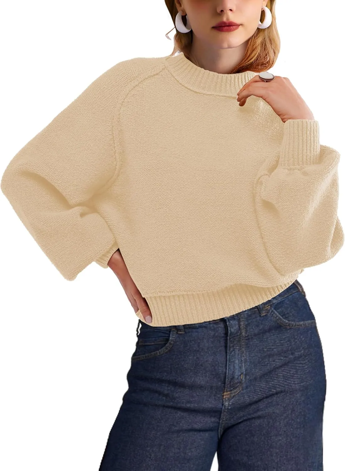 SuperPrity Sweaters for Women Fall 2024 Mock Neck Long Sleeve Knit Oversized Cropped Pullover Sweaters Top Trendy Outfits