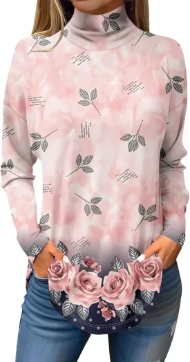 Tops for Women Trendy Long Sleeve Fall Blouses Printed Turtleneck Top Loose Winter Shirts Cozy Lightweight T Shirts