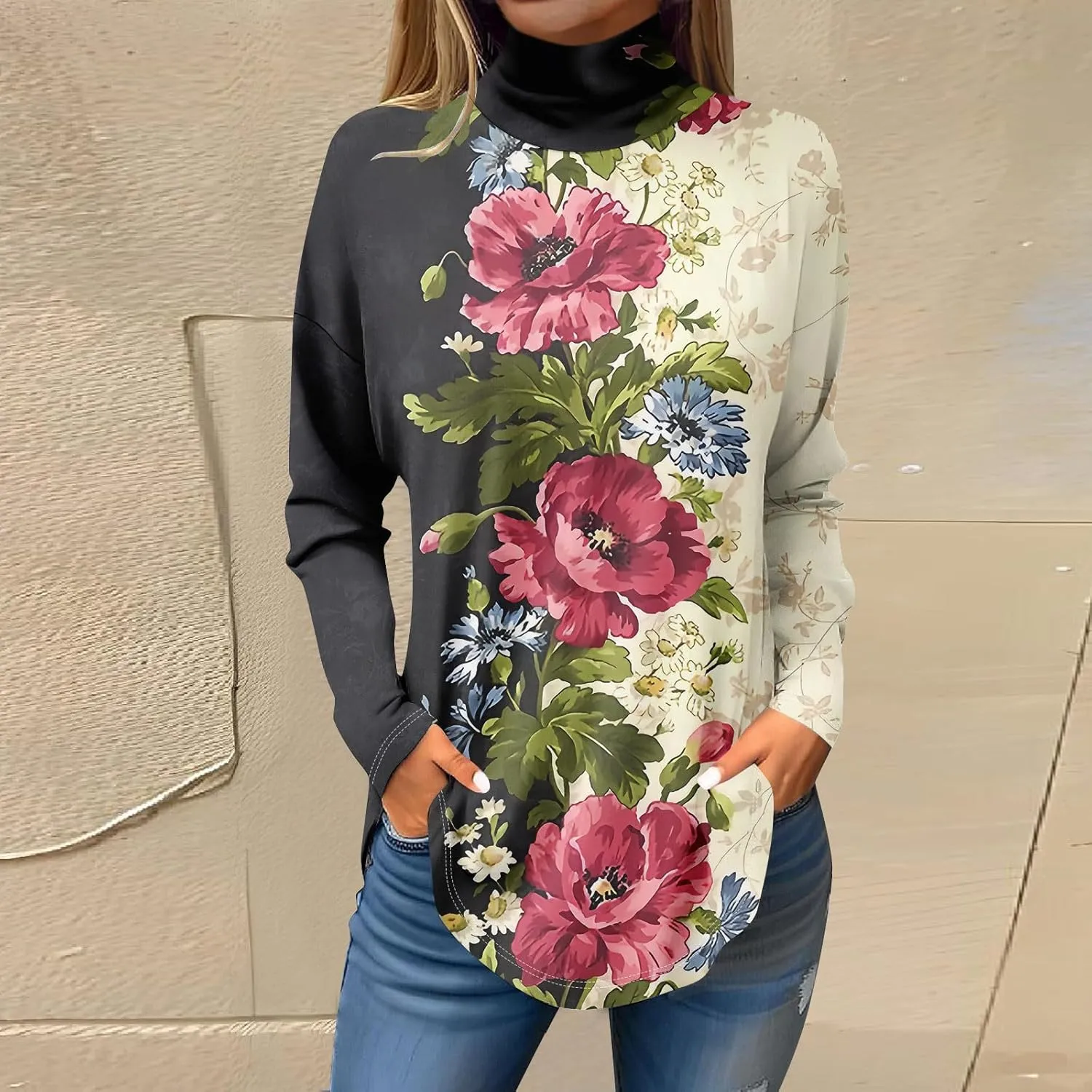 Tops for Women Trendy Long Sleeve Fall Blouses Printed Turtleneck Top Loose Winter Shirts Cozy Lightweight T Shirts