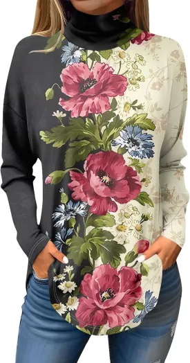 Tops for Women Trendy Long Sleeve Fall Blouses Printed Turtleneck Top Loose Winter Shirts Cozy Lightweight T Shirts