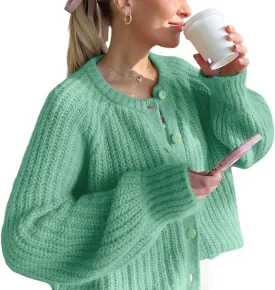 VDWIP Womens Cardigan Sweaters Button Down Chunky Knit Sweater Fall Loose Long Sleeve Cropped Cardigan