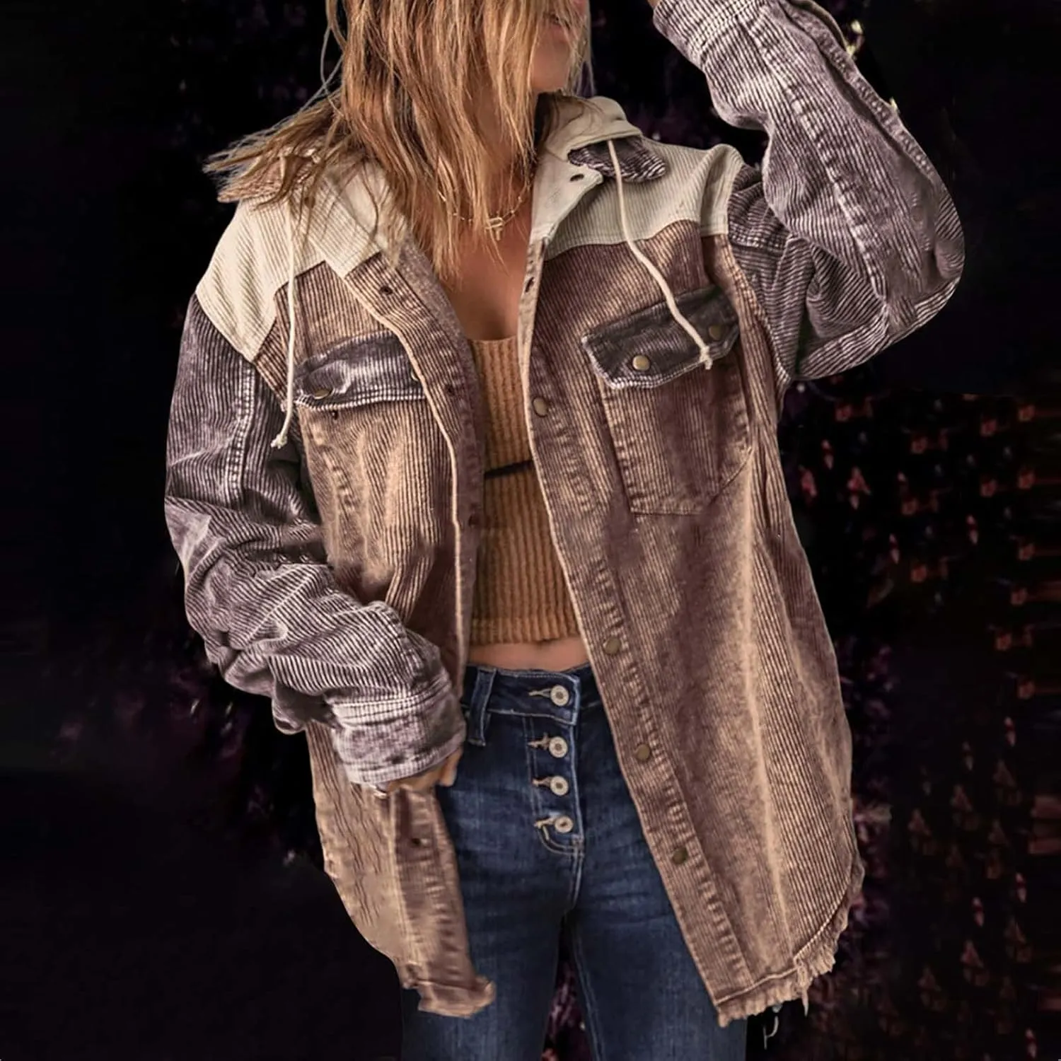 Women's Casual Corduroy Button Down Hooded Color Block Shirts Shackets Jacket Fall Winter Long Sleeve Coat Outwear