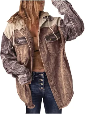 Women's Casual Corduroy Button Down Hooded Color Block Shirts Shackets Jacket Fall Winter Long Sleeve Coat Outwear