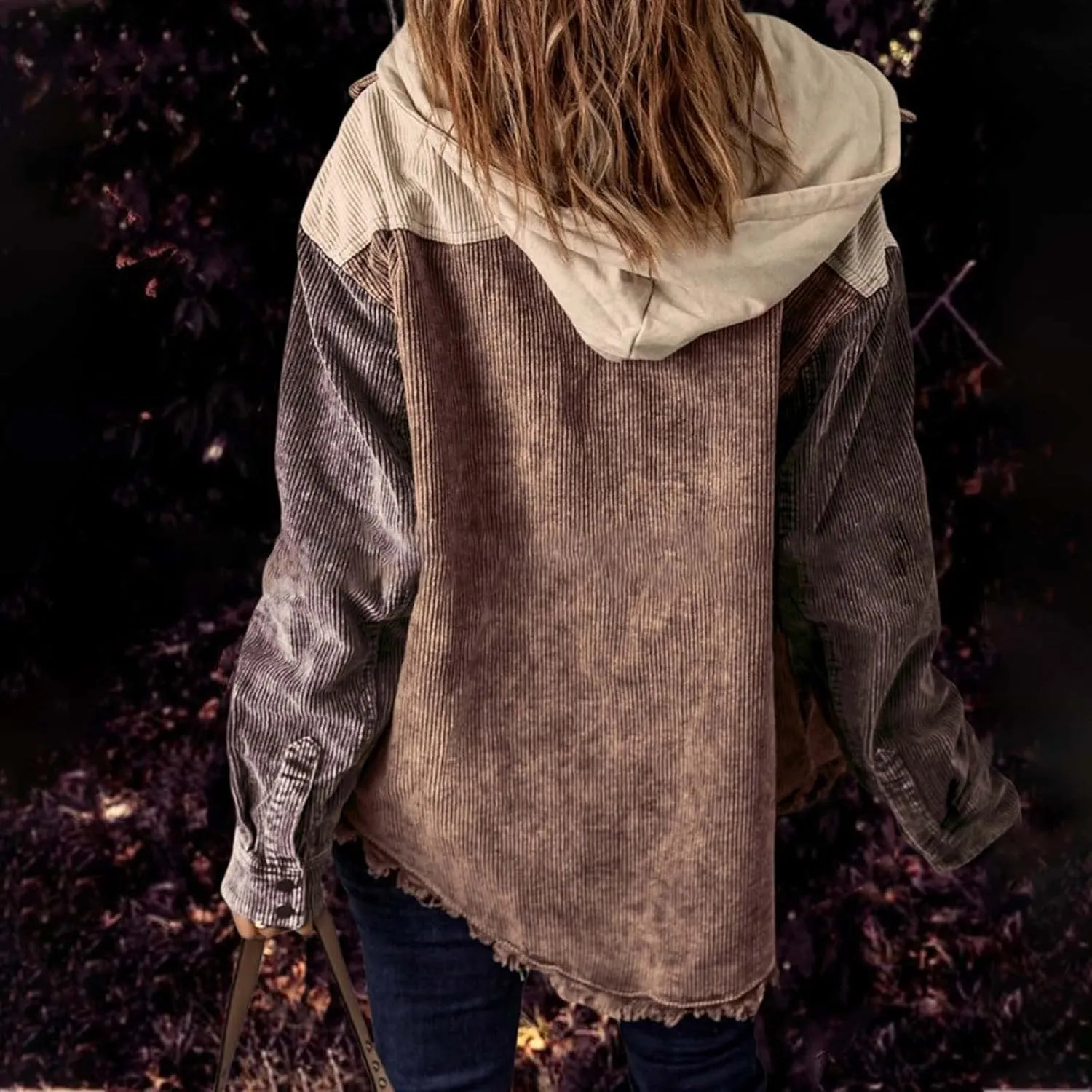 Women's Casual Corduroy Button Down Hooded Color Block Shirts Shackets Jacket Fall Winter Long Sleeve Coat Outwear