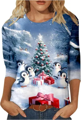 Womens Christmas Shirts Long Sleeve Funny Penguin Crewneck Sweatshirts Holiday Casual Graphic Pullover Sweaters