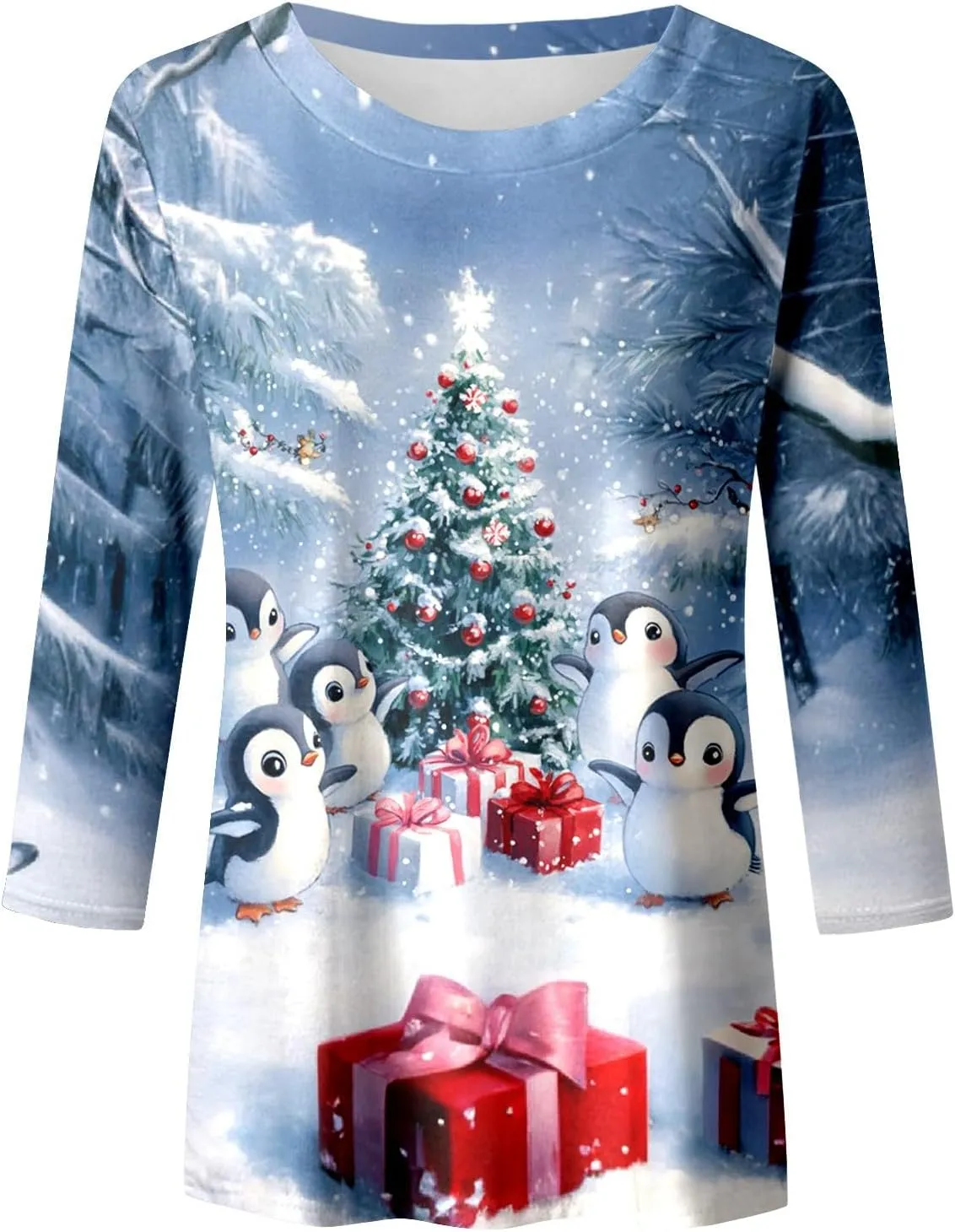 Womens Christmas Shirts Long Sleeve Funny Penguin Crewneck Sweatshirts Holiday Casual Graphic Pullover Sweaters
