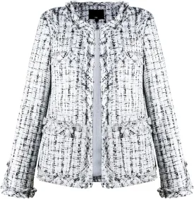 Women's Collarless Plaid Tweed Blazer Elegant Open Front Fringed Casual Business Glitter Jacket