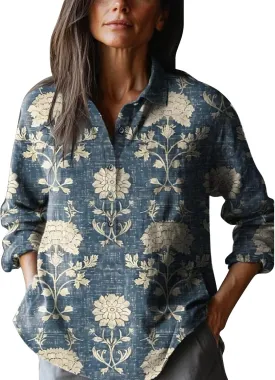 Women's Cotton Linen V-Neck Collar Women's Retro Floral Art Print Casual Long Sleeve Long Sleeve Cotton Gauze Tops