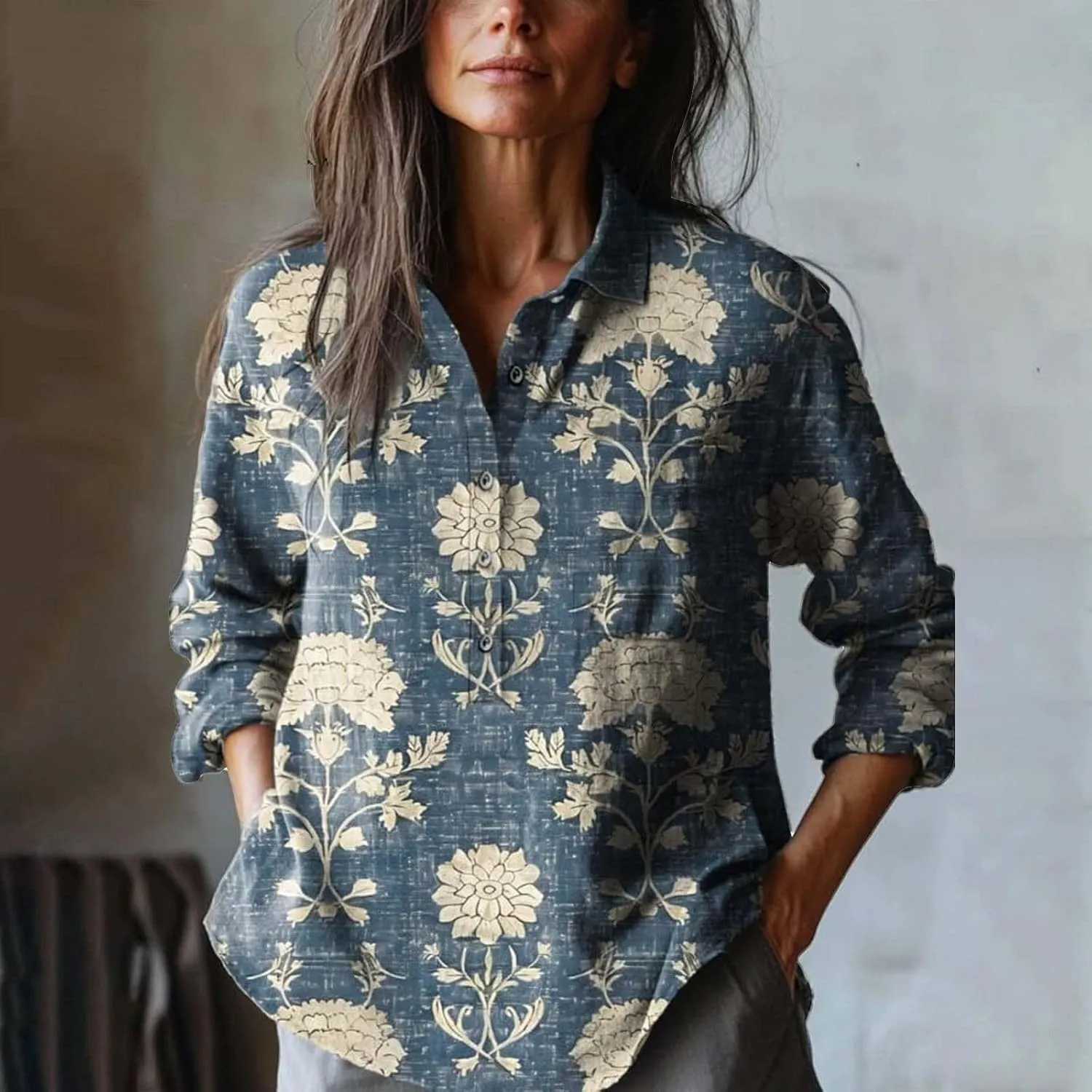 Women's Cotton Linen V-Neck Collar Women's Retro Floral Art Print Casual Long Sleeve Long Sleeve Cotton Gauze Tops