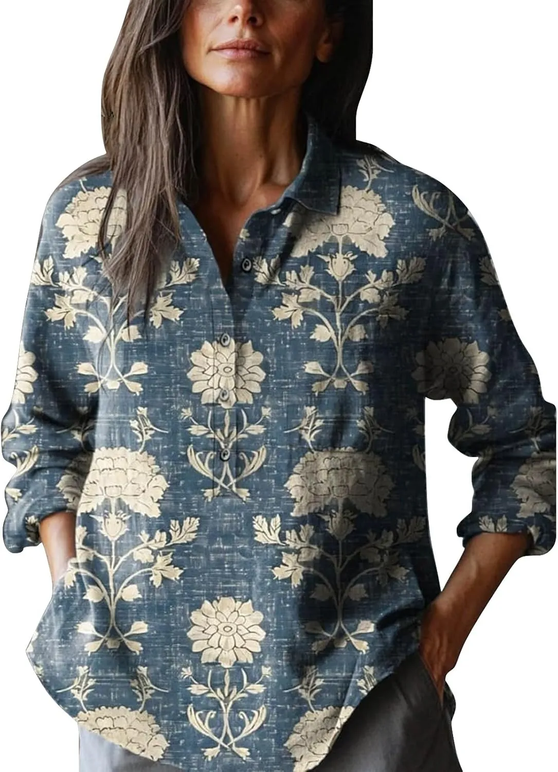 Women's Cotton Linen V-Neck Collar Women's Retro Floral Art Print Casual Long Sleeve Long Sleeve Cotton Gauze Tops