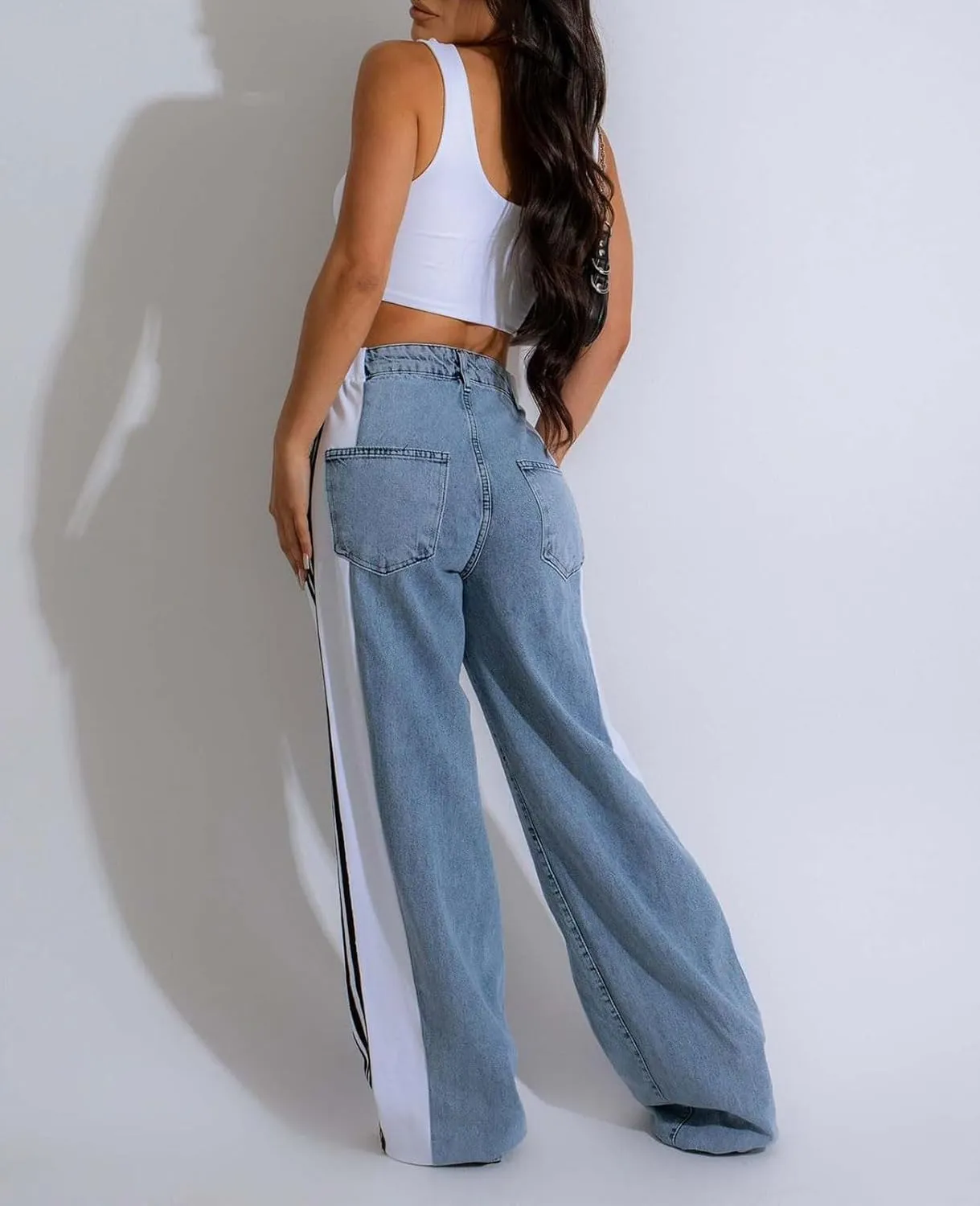 Womens Jeans High Waisted Wide Leg Striped Patchwork Color Block Stretchy Loose Straight Denim Pants