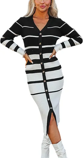 Women's Striped Sweater Dress 2025 Fall Long Sleeve V Neck Button Down Ribbed Knit Midi Bodycon Party Dresses