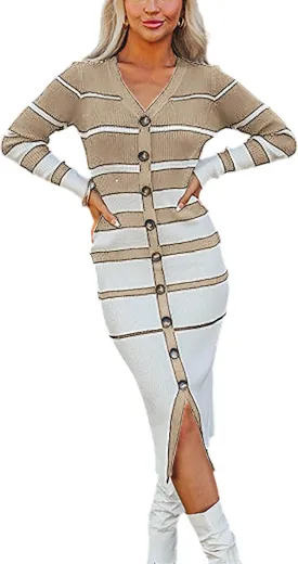 Women's Striped Sweater Dress 2025 Fall Long Sleeve V Neck Button Down Ribbed Knit Midi Bodycon Party Dresses