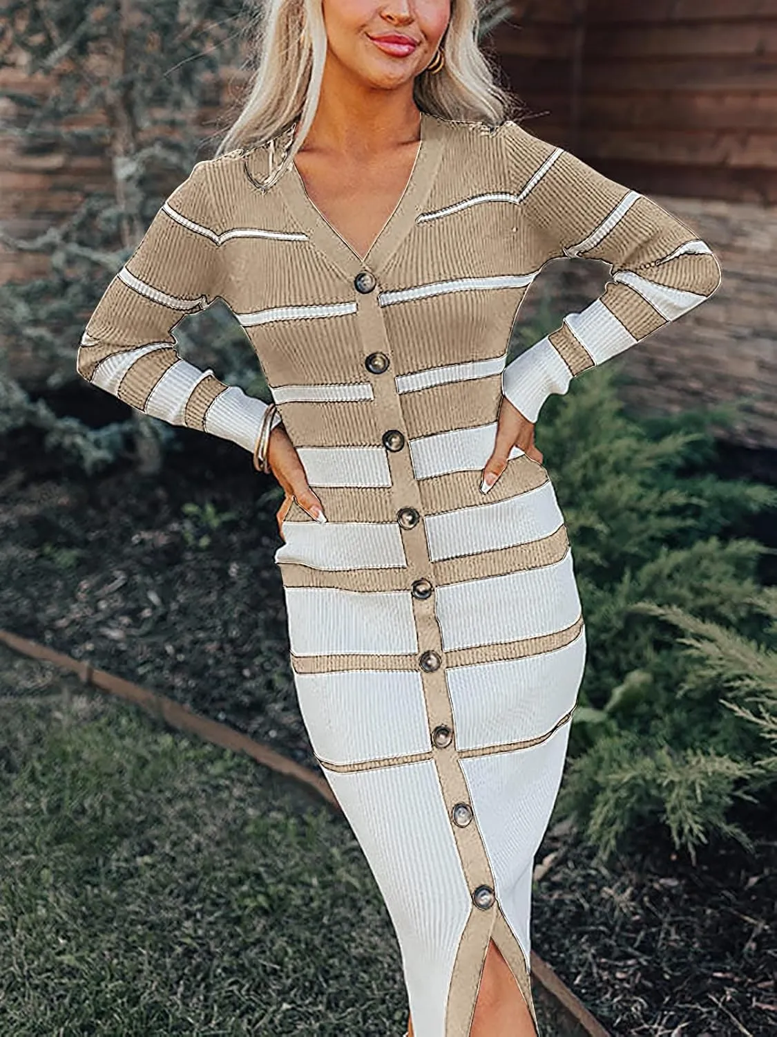 Women's Striped Sweater Dress 2025 Fall Long Sleeve V Neck Button Down Ribbed Knit Midi Bodycon Party Dresses