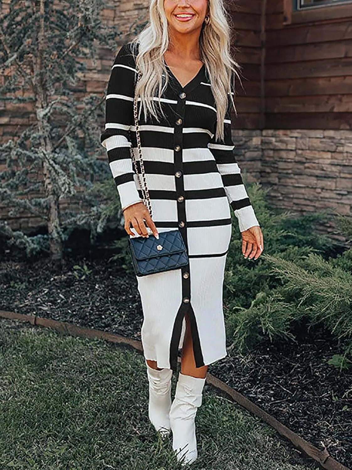 Women's Striped Sweater Dress 2025 Fall Long Sleeve V Neck Button Down Ribbed Knit Midi Bodycon Party Dresses