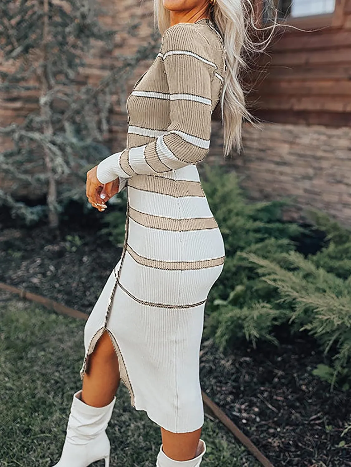 Women's Striped Sweater Dress 2025 Fall Long Sleeve V Neck Button Down Ribbed Knit Midi Bodycon Party Dresses