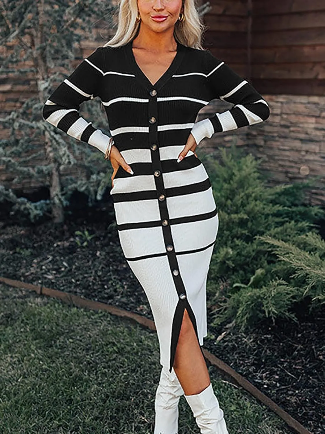 Women's Striped Sweater Dress 2025 Fall Long Sleeve V Neck Button Down Ribbed Knit Midi Bodycon Party Dresses
