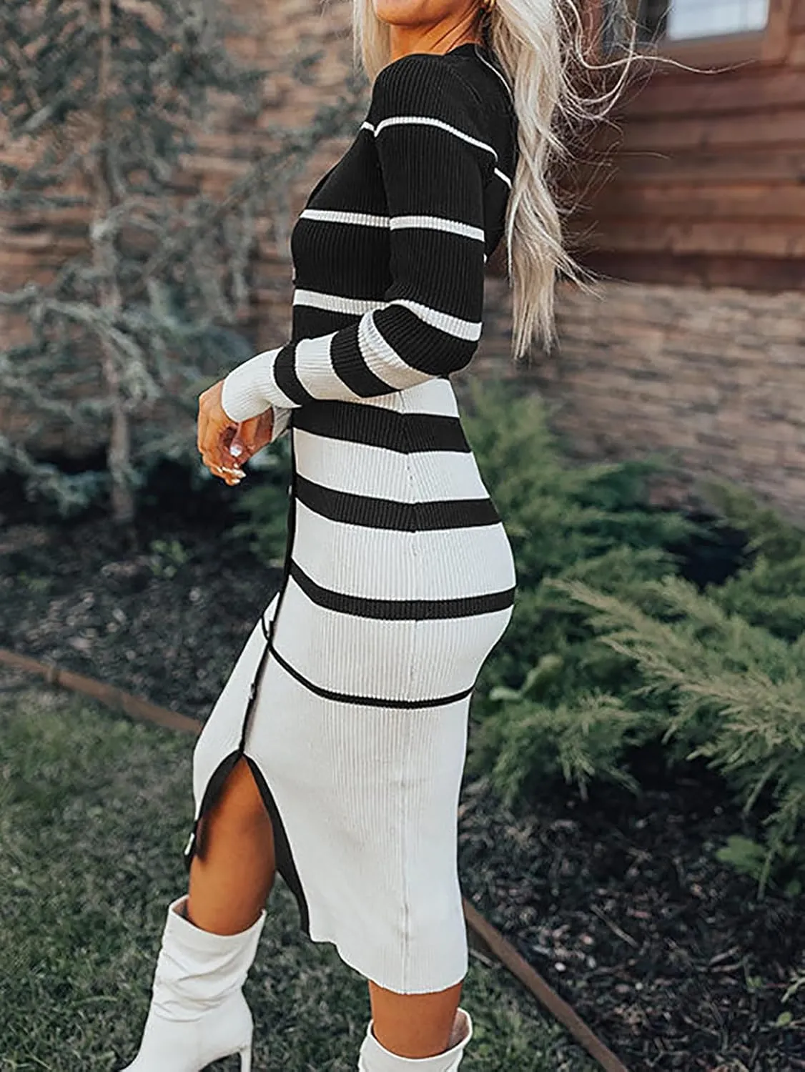 Women's Striped Sweater Dress 2025 Fall Long Sleeve V Neck Button Down Ribbed Knit Midi Bodycon Party Dresses