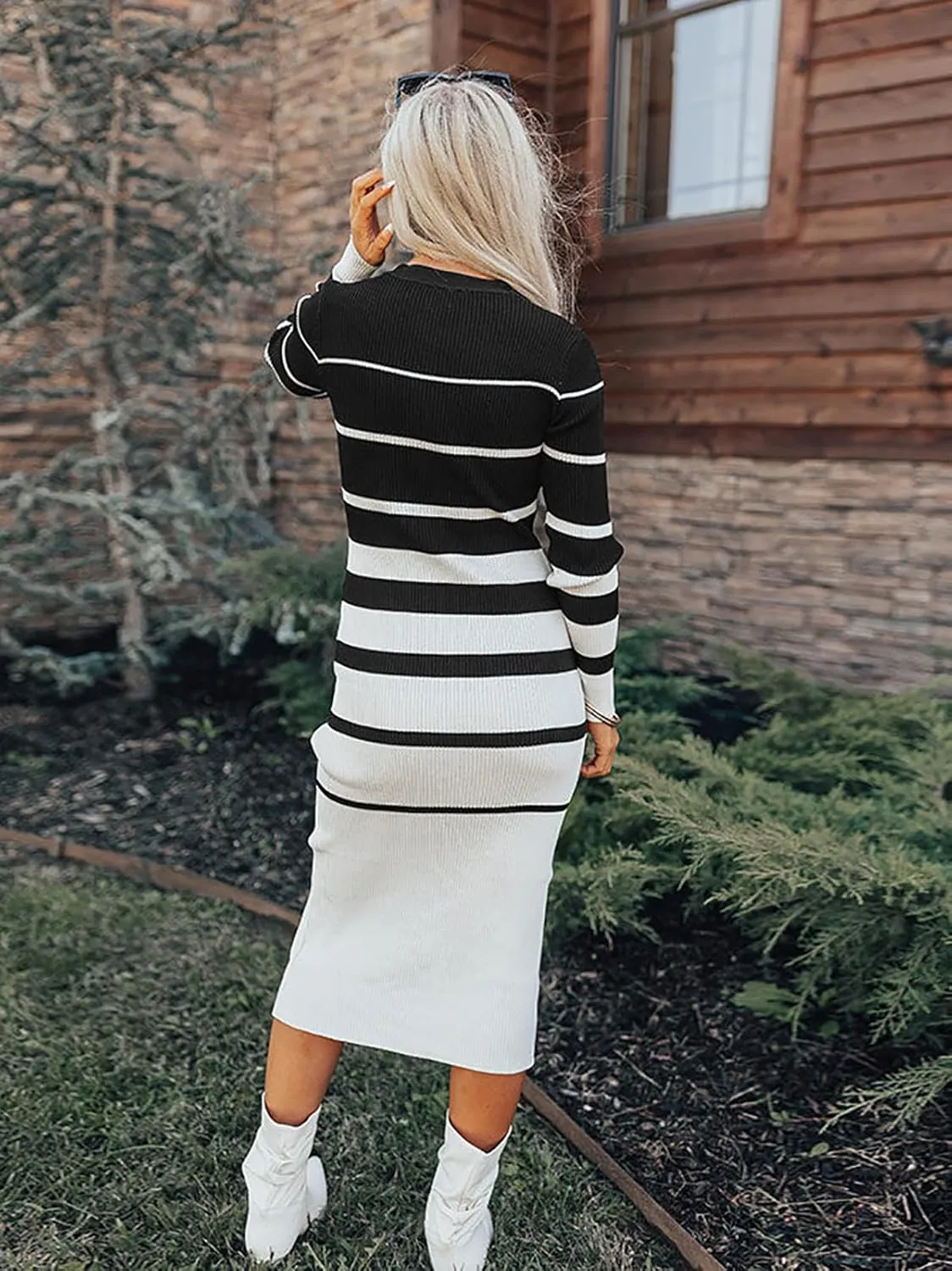 Women's Striped Sweater Dress 2025 Fall Long Sleeve V Neck Button Down Ribbed Knit Midi Bodycon Party Dresses