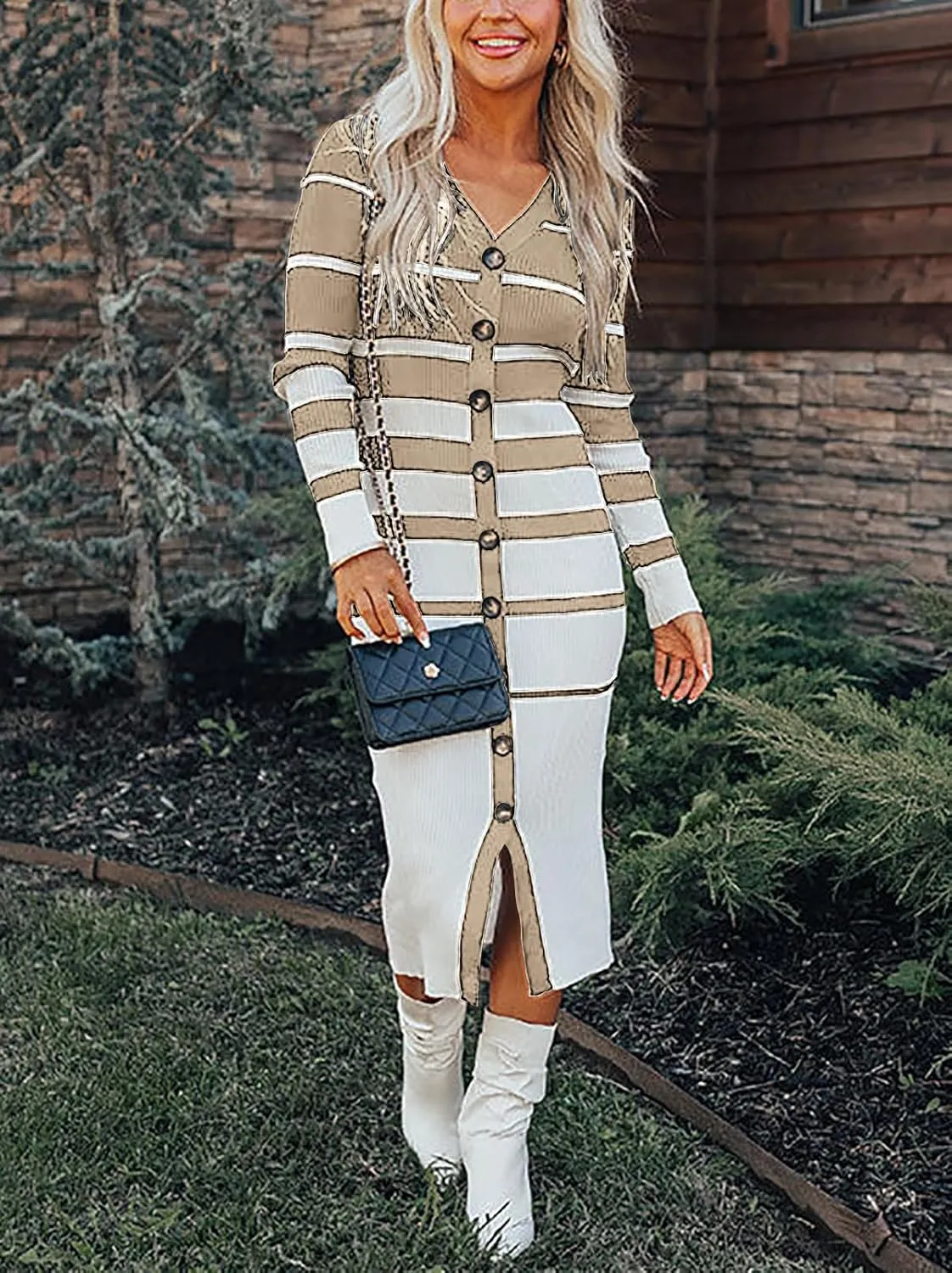 Women's Striped Sweater Dress 2025 Fall Long Sleeve V Neck Button Down Ribbed Knit Midi Bodycon Party Dresses