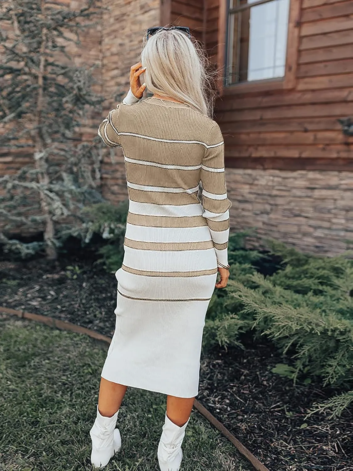 Women's Striped Sweater Dress 2025 Fall Long Sleeve V Neck Button Down Ribbed Knit Midi Bodycon Party Dresses