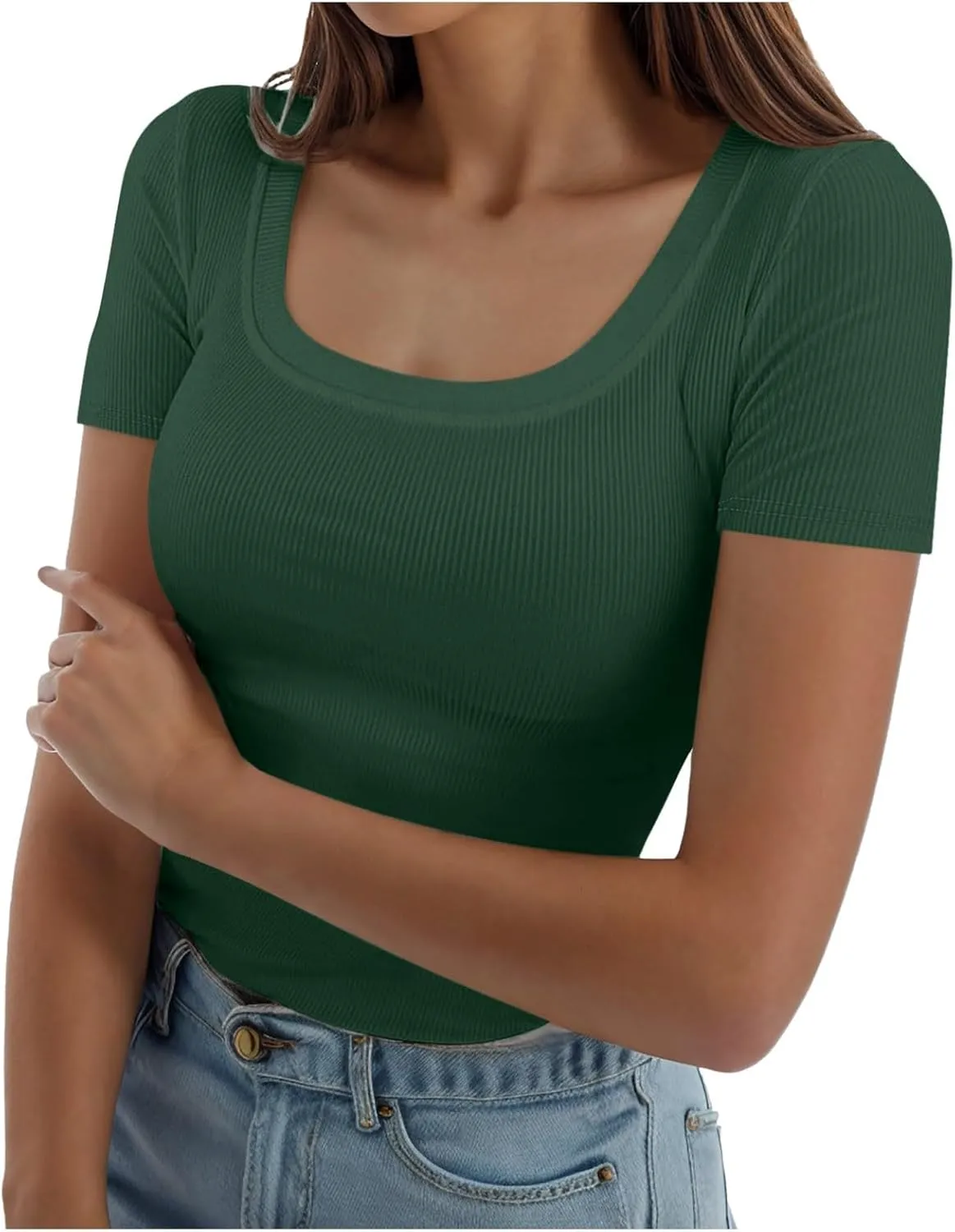 Womens Summer Short Sleeve Tops Square Neck Ribbed Slim Fitted Shirts Casual Tee Tshirt Couples Christmas Shirts