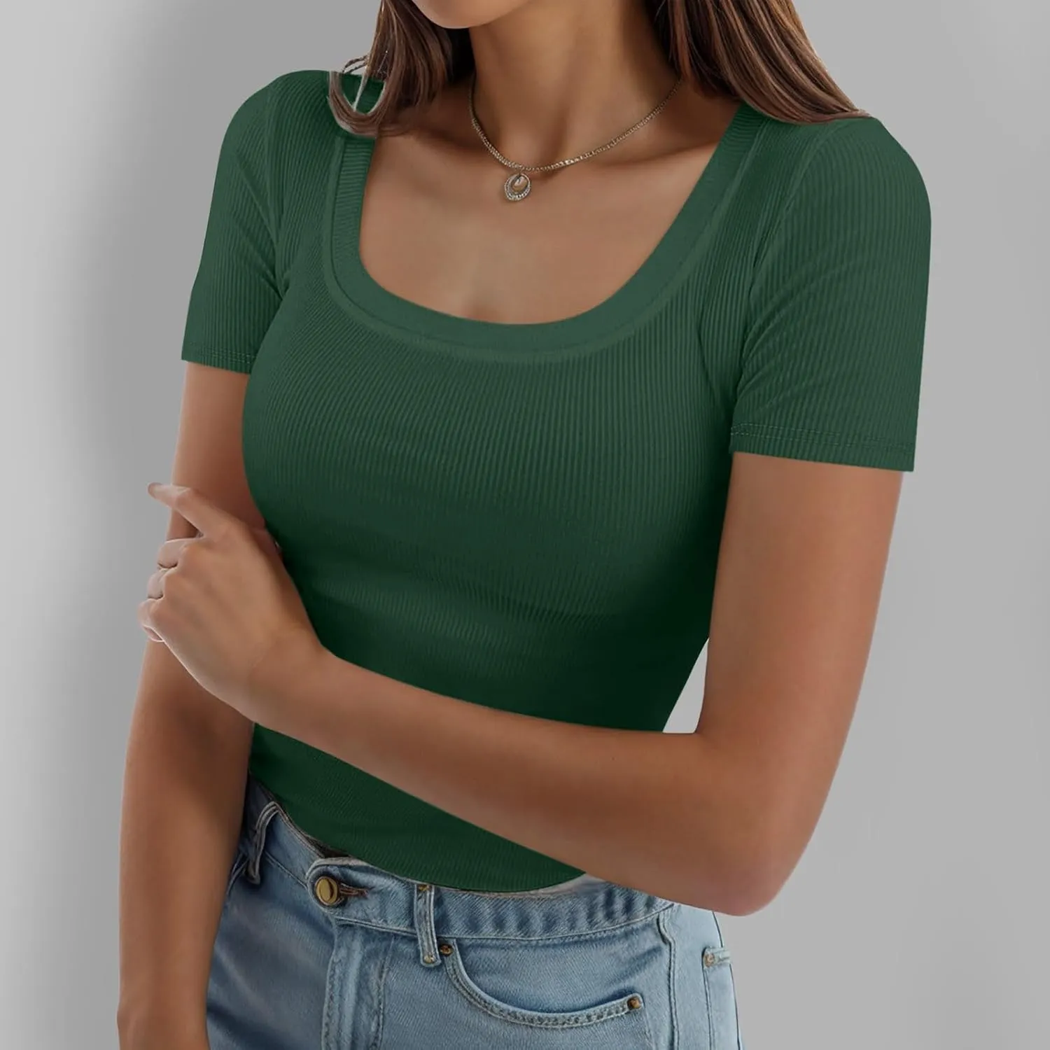 Womens Summer Short Sleeve Tops Square Neck Ribbed Slim Fitted Shirts Casual Tee Tshirt Couples Christmas Shirts
