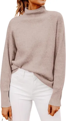 Yousify Womens Ribbed Mock Neck Batwing Sleeve Sweater Loose Knitted Pullover Sweaters Jumper Tops